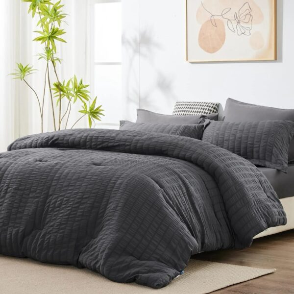 Queen Seersucker Comforter Set with Sheets Dark Grey Bed in a Bag 7-Pieces All Season Bedding Sets with Comforter, Pillow Sham, Flat Sheet, Fitted Sheet, Pillowcase