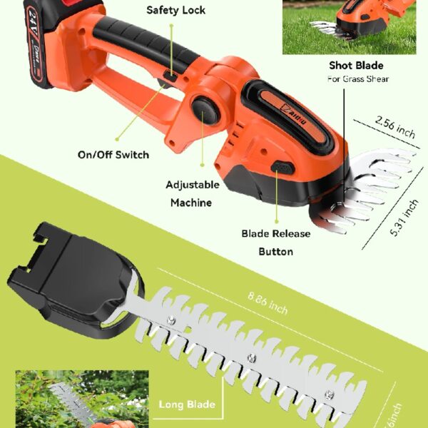 Cordless Hedge Trimmer, 3 in 1 Handheld Electric Grass Trimmer , Trimmer for Bush,Tree, Garden, Patio and Lawn
