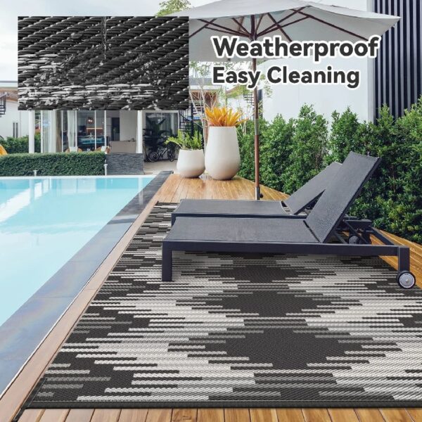 Outdoor Rug 6'x9' Waterproof Patio Rug Reversible Indoor Outdoor Rug Lightweight Plastic Straw Rug for RV Camping Deck Balcony Boho Porch Decor Dark Grey and White