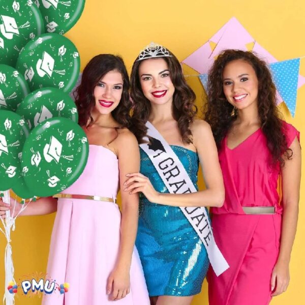 PMU Graduation Balloons 11 Inch PartyTex Premium Emerald Green with All-Over Print White Grad Caps-Confetti and Streamers Pkg/100