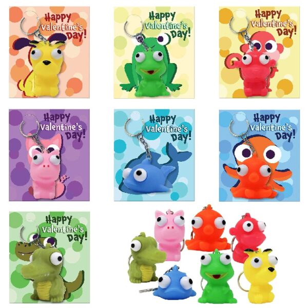 Joyfy 28 Packs Valentines Cards with Popping Eyes Animal Keychain for Kids, Fidget Valentines Toys for Kids School Class Exchange Cards