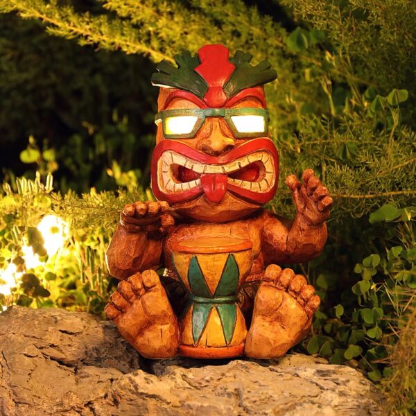 Solar Drumming Tiki Garden Statue: Tribal Tiki Ornament with Solar Powered Flickering Eyes LED Light - Outdoor Tiki Decoration Perfect for Bar Patio Backyard Balcony Yard Lawn Decor