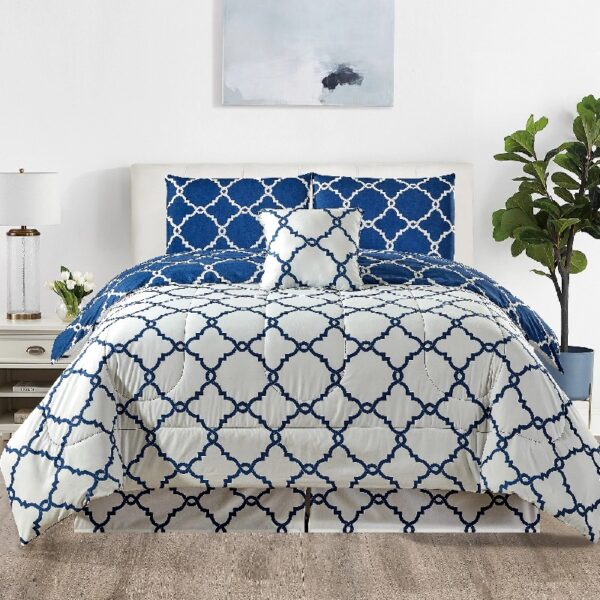 Lux Decor Collection 5 Piece Queen Down Alternative Comforter Set, Washable Duvet Bedding Set - Quatrefoil Navy