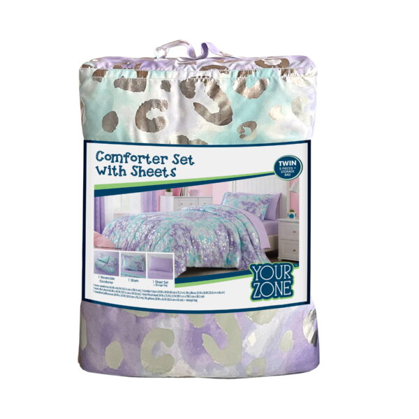 5-Piece Purple Metallic Foil Cheetah Bedding Set for Kids with Storage Bag, Twin