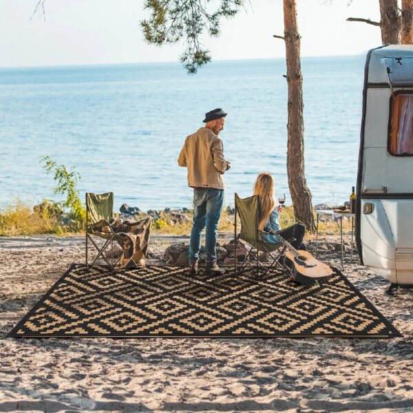 Outdoor Rugs Waterproof Plastic Straw Mat 6'x9' Reversible for RV Patio Deck Beach Black & Brown