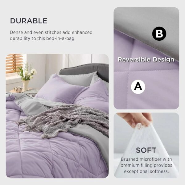 Light Purple Queen Comforter Set - 7 Pieces Reversible Queen Bed in a Bag, Queen Bed Set Light Purple and Grey with Comforters, Sheets, Pillowcases & Shams