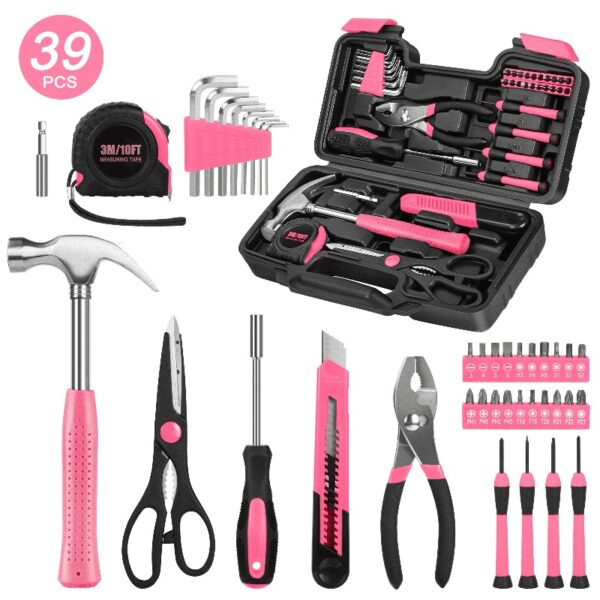 39-Piece Tool Set General Household Hand Kit with Plastic Toolbox Storage Case, Small Basic Home Tool Kit for Girls Ladies and Women - Includes All Essential Tools for Home Garage and Office, Pink