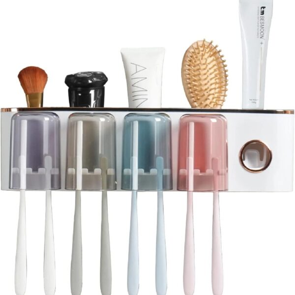 Toothbrush Holders Bathroom Decor with Toothpaste Dispenser, 4 Cups Toothbrush Holder Wall Mounted Bathroom Accessories