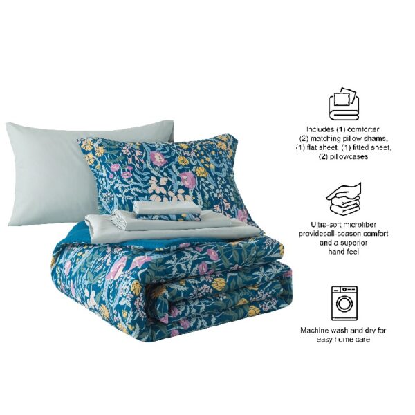 7 Piece Reversible Bed in a Bag Comforter Set with Sheets, Black, Queen
