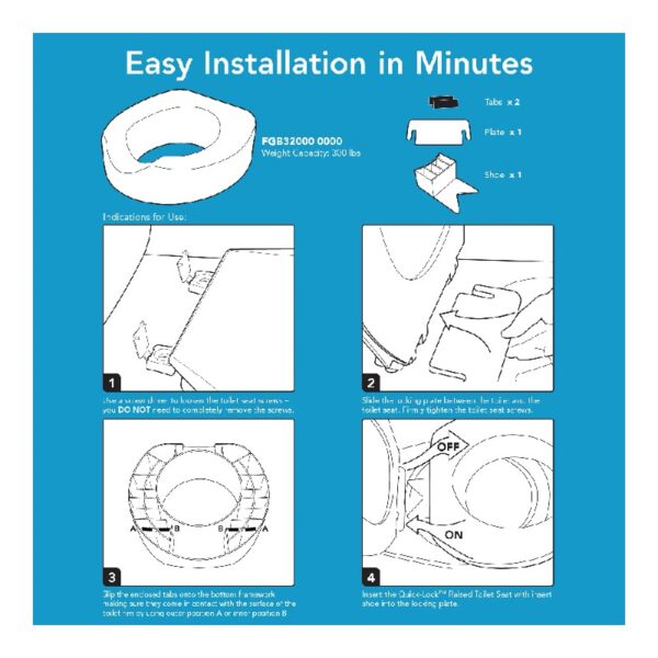 Raised Toilet Seat with Quick Lock, Adds 4 in Height, White, 300 lb Limit