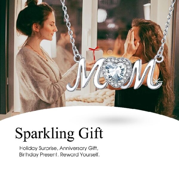 Bestyle S925 Sterling Silver Necklace for Mom Grandma Shiny CZ Heart Pendant Necklace March Created Aquamarine Birthstone Jewelry Mother's Day Gift