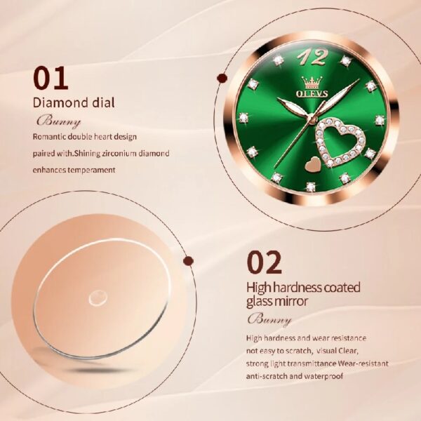 Women Watch Fashion Rose Gold Diamond Analog Quartz Female Watch for Women Luxury Dress Ladies Stainless Steel Luminous Waterproof Date Wrist Watches Green Dial