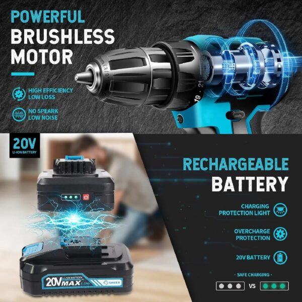 21V Cordless Drill Set, Electric Power Drill 34Pcs with 3/8 Inch Keyless Chuck, 25+3 Clutch Compact Driver Drill with Work Light, Max torque 45Nm, 2-Variable Speed & Battery and Fast Charger