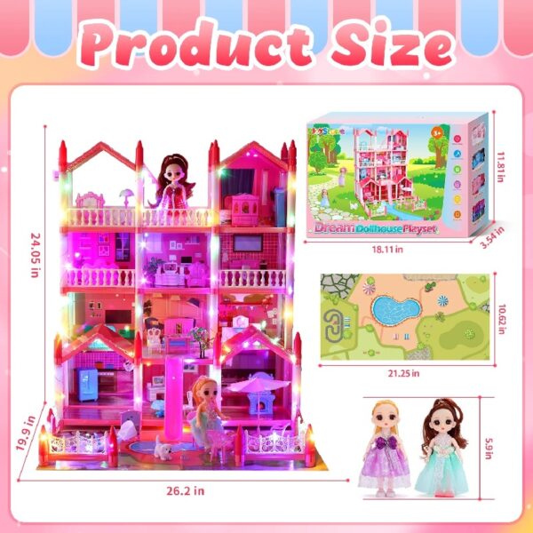 Play Dollhouse with Doll Toy Figures, 14 Rooms Furniture and Colorful Lights, Creative Doll House Gift for Girls Ages 3+, Assemble Required, Pink