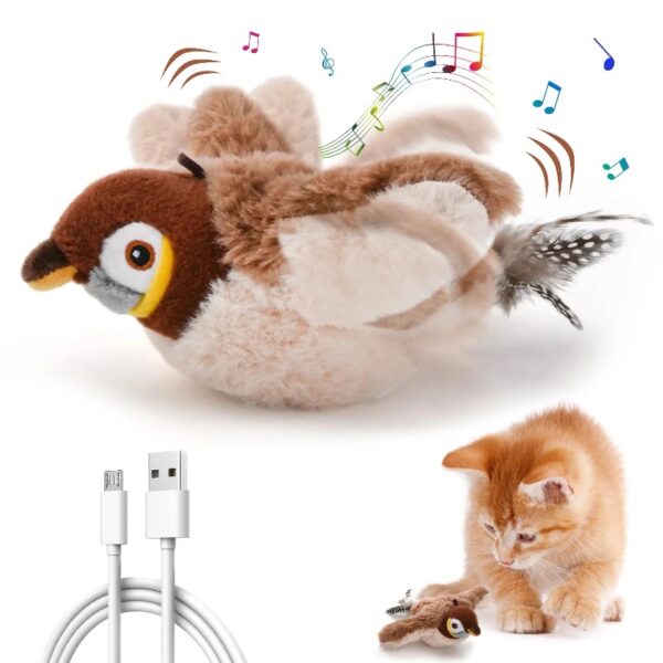 Risehigh Cat Toys for Indoor Cats Interactive Flapping Chirping Bird Kitten Toy Touch Activated Rechargeable Automatic with Catnip