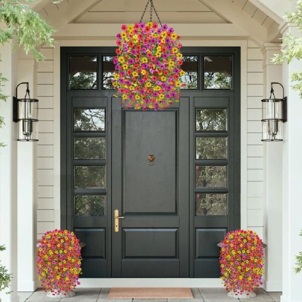 4PCS Artificial Flowers outdoor Spring Summer Decor Fake Hanging Plants UV Resistant Faux Plastic Greenery Hanging Flowers for Outside Gardens Porch Wall Home Indoor,ORANGE&YELLOW