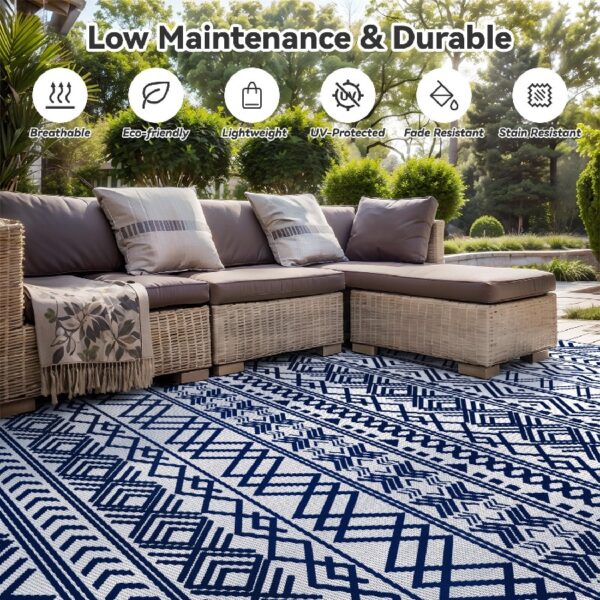 Outdoor Rug 6'x9' Waterproof Reversible Patio Rug Boho Geometric Indoor Outdoor Rugs Lightweight Plastic Straw Ourdoor Carpet for RV Camping Deck Balcony Modern Porch Decor Black and White