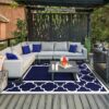 Outdoor Rugs Waterproof Plastic Straw Mat 6'x9' Reversible Patio Deck Beach Blue & White