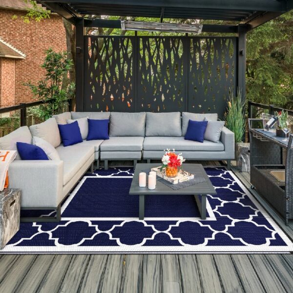 Outdoor Rugs Waterproof Plastic Straw Mat 6'x9' Reversible Patio Deck Beach Blue & White