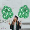PMU Graduation Balloons 11 Inch PartyTex Premium Emerald Green with All-Over Print White Grad Caps-Confetti and Streamers Pkg/100