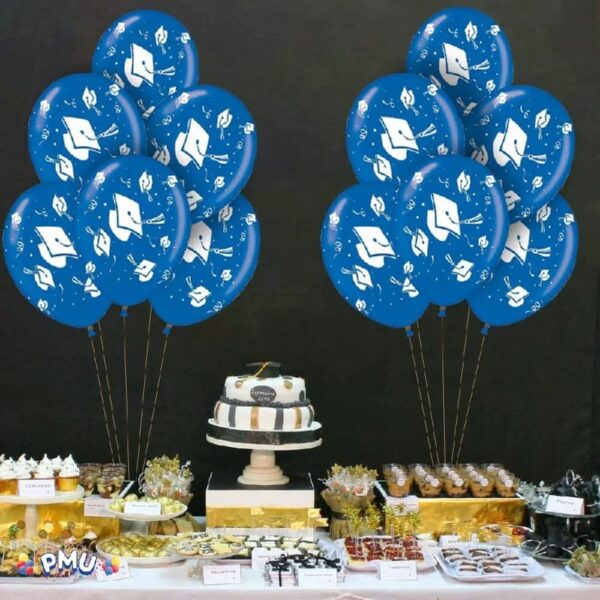PMU Graduation Balloons 11 Inch PartyTex Premium Emerald Green with All-Over Print White Grad Caps-Confetti and Streamers Pkg/100