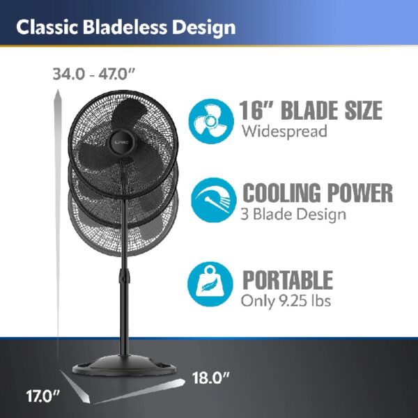 16” 3-Speed Adjustable Oscillating Pedestal Fan, Black, S16500 New