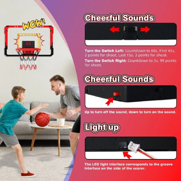 2-in-1 Kid Basketball Hoop with LED Lights & Scoreboard & 3 Balls, Toddler Basketball Hoop Adjustable Height 5.1ft-6.2ft, Basketball Toy Gifts for Boys & Girls