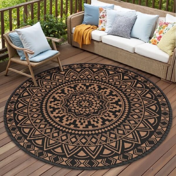 Outdoor Rugs 5' x 8' Rug, Waterproof Patio Mat, Stylish Plastic Straw Reversible Area Rug for Picnic RV Camping Porch Balcony, Black and White