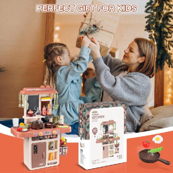 Play Kitchen Set for Kids, 2.1FT Tall Toy Play Kitchen w/ Realistic Lights Sounds Simulation Spray for Toddlers Girls Boys Gift 42Pcs - Small (Orange Red 18x8.6x24.8in)