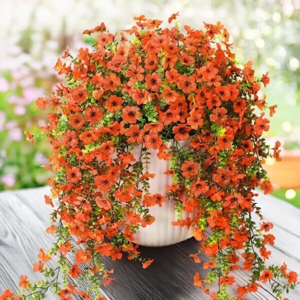 4PCS Artificial Flowers outdoor Spring Summer Decor Fake Hanging Plants UV Resistant Faux Plastic Greenery Hanging Flowers for Outside Gardens Porch Wall Home Indoor,ORANGE&YELLOW