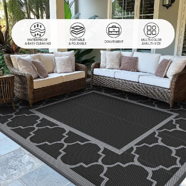 6'x9' Outdoor Rugs Patio Waterproof Outside Mat Reversible Plastic Camping Carpet,Black & Grey