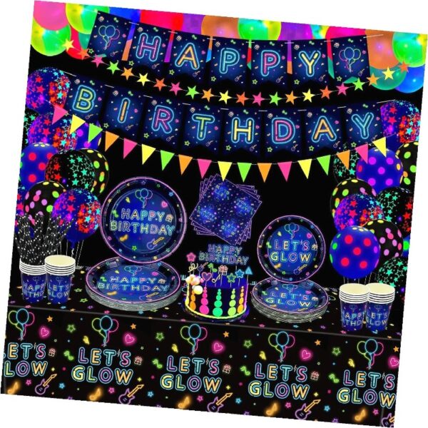 SKYSONIC 241 PCS Glow Neon Party Supplies Set Including Neon Glow Tableware, Neon Balloons, Glow in The Dark Birthday Banner, Hanging Stars, and Cake Toppers for Party Decoration Serving 20 (Glow
