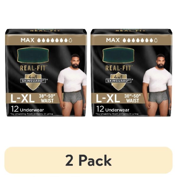 (2 pack) Real Fit Incontinence Underwear for Men, Adult Diapers, L/XL, Grey, 12 Count