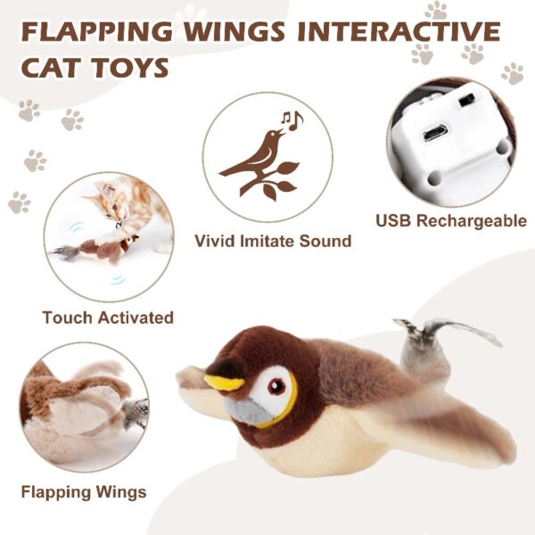 Risehigh Cat Toys for Indoor Cats Interactive Flapping Chirping Bird Kitten Toy Touch Activated Rechargeable Automatic with Catnip