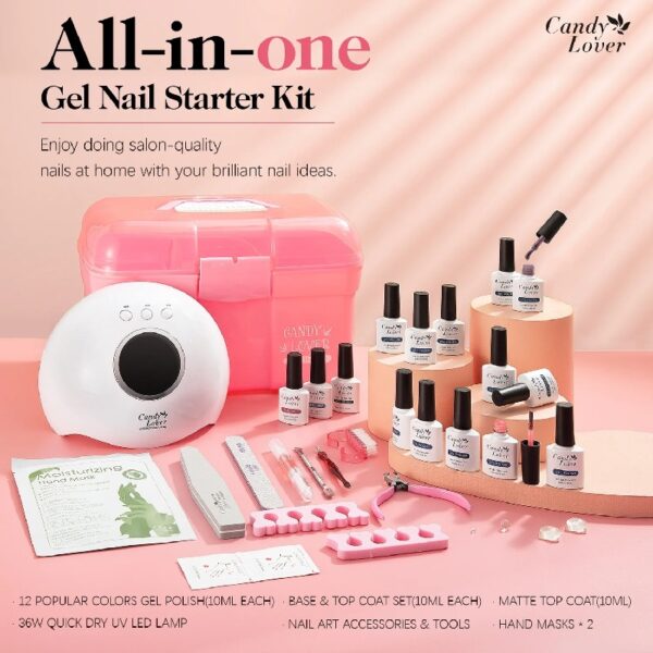 Candy Lover Gel Nail Polish Kit with UV LED Lamp, 12 Colors Cute Lady Gel Polish Starter Kit, All-in-One Quick Dry Soak Off Nail Gel Manicure Kit with DIY Tools Valentine Gift for Women
