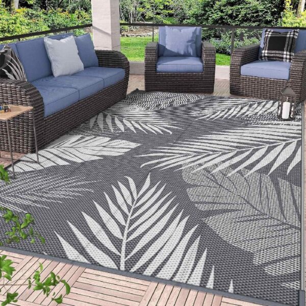 6'x9' Outdoor Rugs Patio Waterproof Outside Mat Reversible Plastic Camping Carpet,Black & Grey