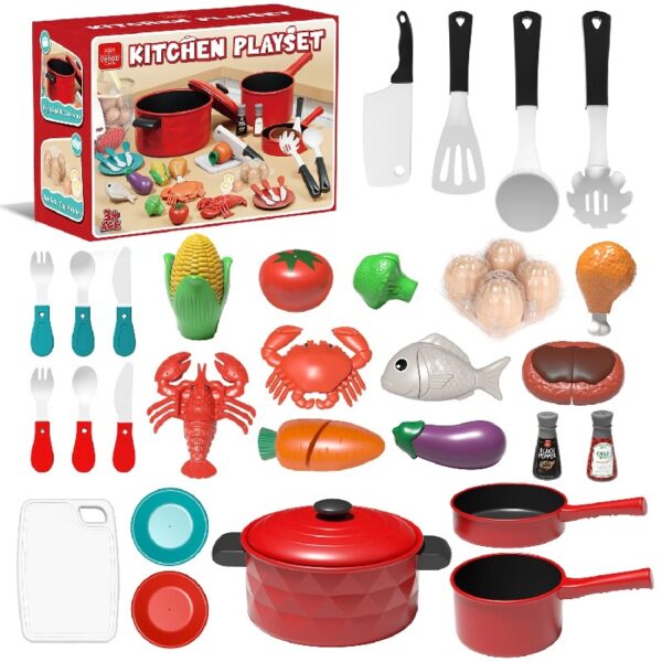 Play Food 34 Pcs, Kitchen Set for Kids, Kitchen Toys, Pretend Play Kitchen Accessories, Cutting Toy Food with Pans, Pot and Utensils, Preschool Learning Education Toddler Toys, Gifts for Girls Boys