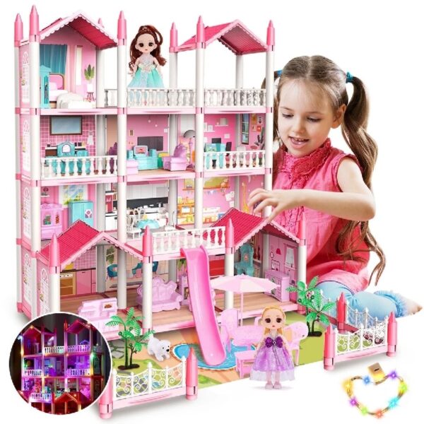 Play Dollhouse with Doll Toy Figures, 14 Rooms Furniture and Colorful Lights, Creative Doll House Gift for Girls Ages 3+, Assemble Required, Pink