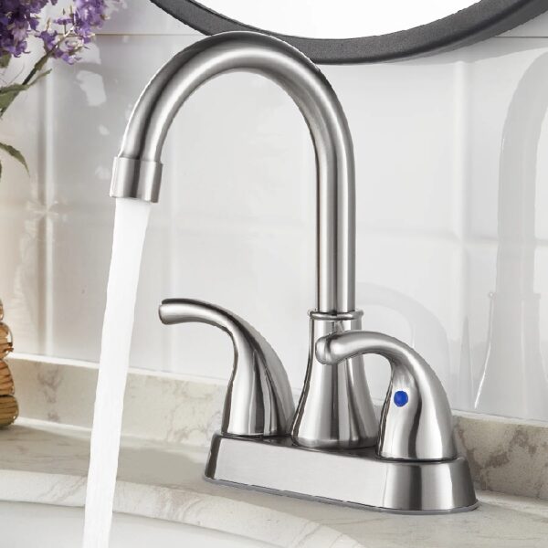 4 Inch Faucet 2 Handle Bathroom Sink Faucet Lead-Free Brushed Nickel Bath Sink Faucet with Pop-up Drain Stopper and Supply Hoses