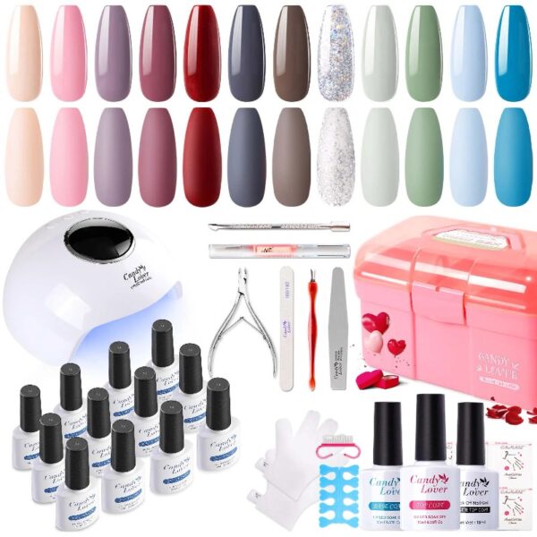 Candy Lover Gel Nail Polish Kit with UV LED Lamp, 12 Colors Cute Lady Gel Polish Starter Kit, All-in-One Quick Dry Soak Off Nail Gel Manicure Kit with DIY Tools Valentine Gift for Women