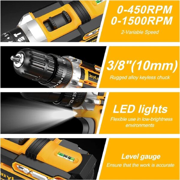 21V Cordless Drill Set, Electric Power Drill 34Pcs with 3/8 Inch Keyless Chuck, 25+3 Clutch Compact Driver Drill with Work Light, Max torque 45Nm, 2-Variable Speed & Battery and Fast Charger