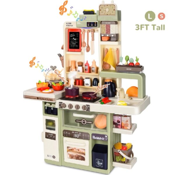 Play Kitchen Set for Kids, 2.1FT Tall Toy Play Kitchen w/ Realistic Lights Sounds Simulation Spray for Toddlers Girls Boys Gift 42Pcs - Small (Orange Red 18x8.6x24.8in)