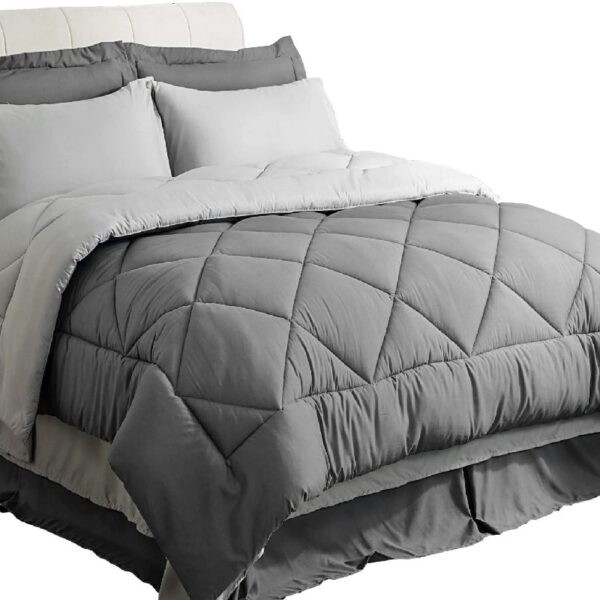Light Purple Queen Comforter Set - 7 Pieces Reversible Queen Bed in a Bag, Queen Bed Set Light Purple and Grey with Comforters, Sheets, Pillowcases & Shams