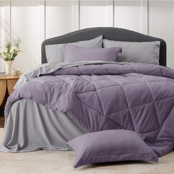 Light Purple Queen Comforter Set - 7 Pieces Reversible Queen Bed in a Bag, Queen Bed Set Light Purple and Grey with Comforters, Sheets, Pillowcases & Shams