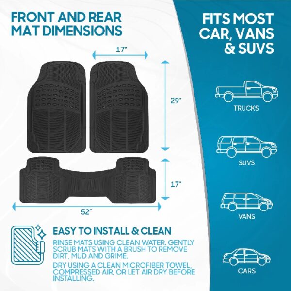 M783 DuraChannel Heavy Duty Rubber Car Floor Mats Liner for Auto - All Weather 3 Piece Set Front & Rear, Fits Car Truck SUV Van, Universal Trim to Fit