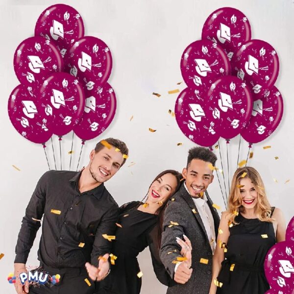 PMU Graduation Balloons 11 Inch PartyTex Premium Emerald Green with All-Over Print White Grad Caps-Confetti and Streamers Pkg/100
