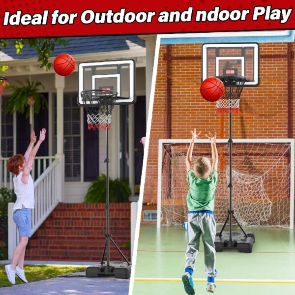 2-in-1 Kid Basketball Hoop with LED Lights & Scoreboard & 3 Balls, Toddler Basketball Hoop Adjustable Height 5.1ft-6.2ft, Basketball Toy Gifts for Boys & Girls
