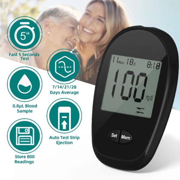 Blood Glucose Monitor Kit, 100 Glucometer Strips, 100 Lancets, 1 Blood Sugar Monitor, 1 Control Solution, Lancing Device and Carrying Bag