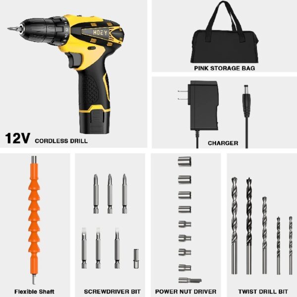 Cordless Drill Set, 12V Power Drill Set Electric Screwdriver Driver Tool Kit for Women, 3/8