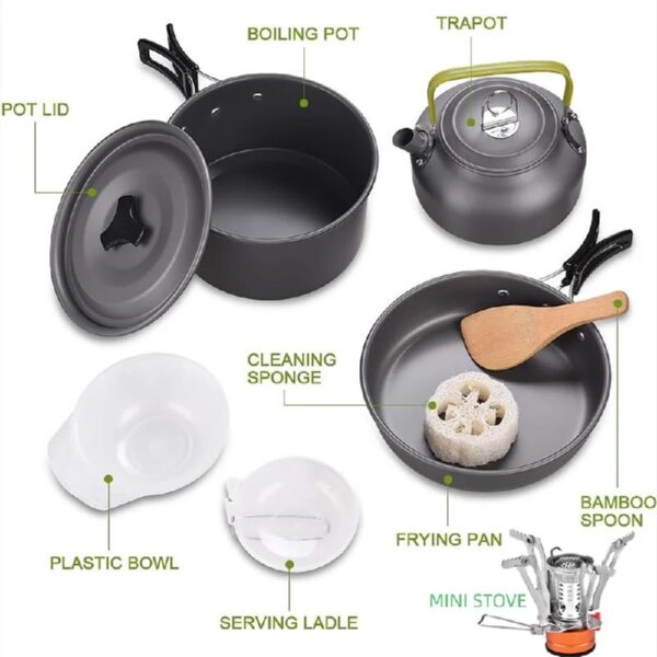13pcs Camping Cookware Set With Mini Stove, Aluminum Camping Cookware Kit, Folding Camping Cooking Set With Non-stick Pot Pan Teapot Storage Bag For Camping Backpacking Outdoor Cooking Picnic